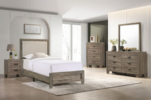 English Elm Beautiful Full Panel Bed Cherry Wood Frame Tufted Upholstered Headboard Nailhead Trim Grey B2741P536582
