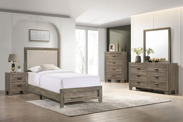 English Elm Beautiful Full Panel Bed Cherry Wood Frame Tufted Upholstered Headboard Nailhead Trim Grey B2741P536582