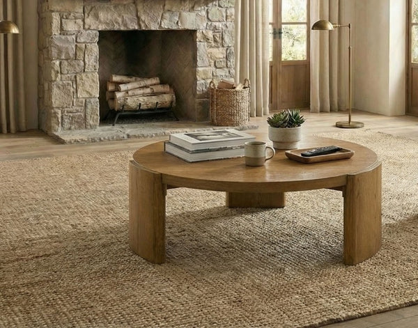 English Elm Contemporary Round Coffee Table with Plinth Base Walnut Finish for Modern Living Rooms B2741P557678