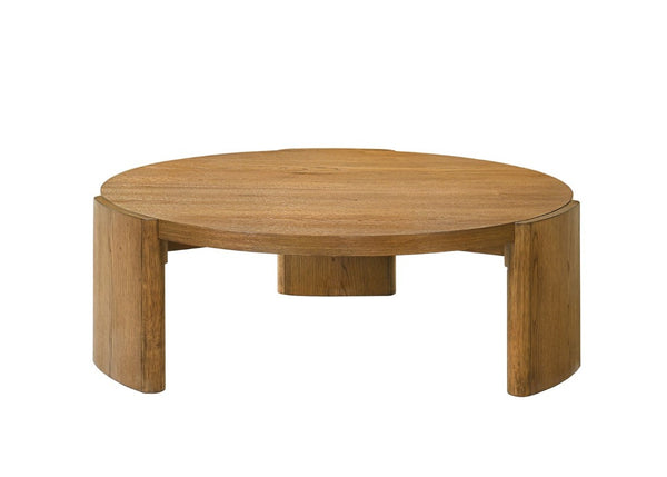 English Elm Contemporary Round Coffee Table with Plinth Base Walnut Finish for Modern Living Rooms B2741P557678
