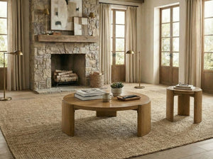 English Elm Contemporary Round Coffee Table with Plinth Base Walnut Finish for Modern Living Rooms B2741P557678