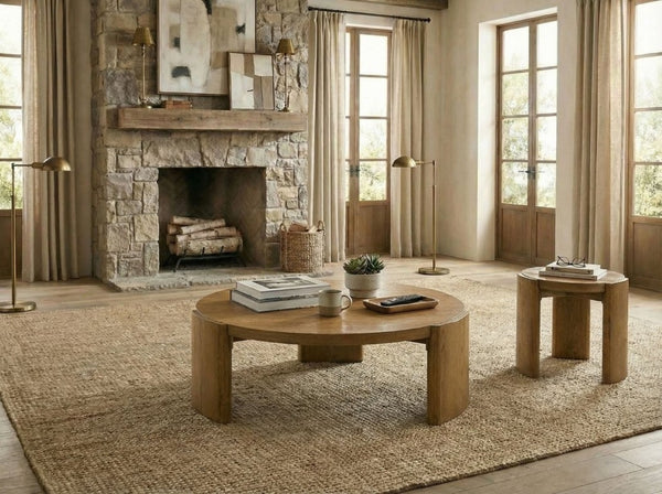 English Elm Contemporary Round Coffee Table with Plinth Base Walnut Finish for Modern Living Rooms B2741P557678