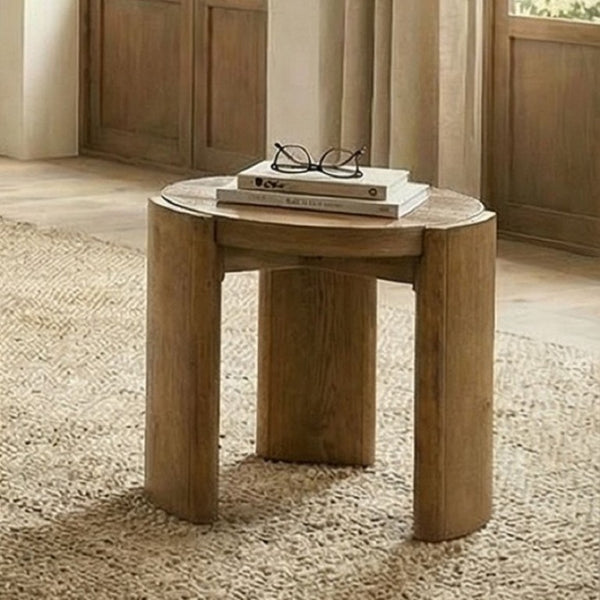 English Elm Contemporary Round End Table with Plinth Base Walnut Veneer Accent for Living Room B2741P557679