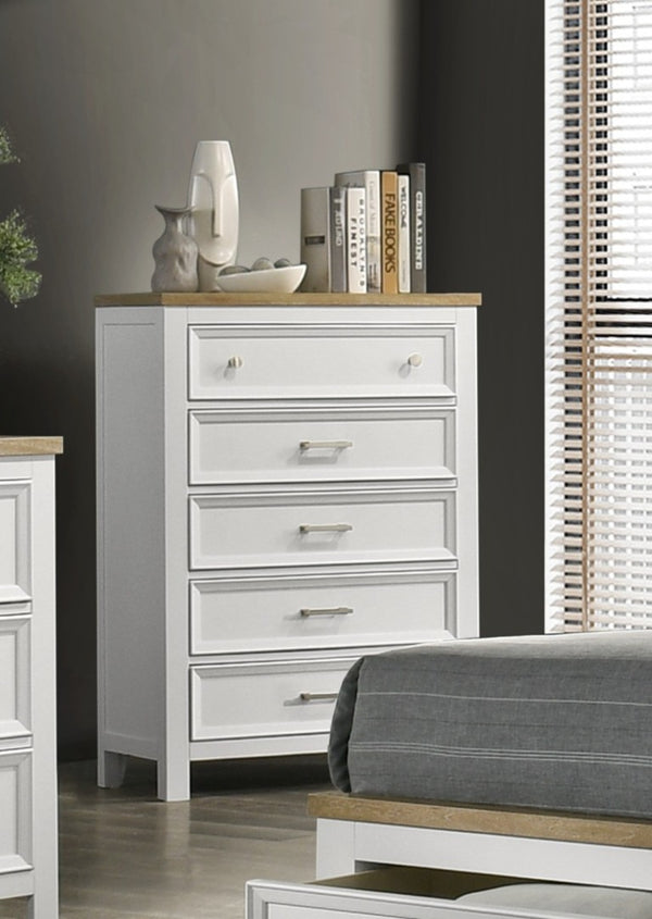 English Elm 1Pc Contemporary Five Drawer Tall Chest Two Tone White Brown Wood Bedroom Storage B2741P557741