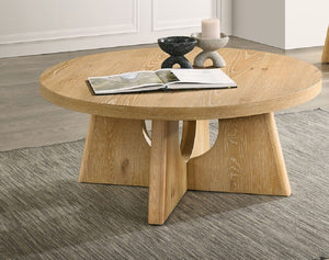 English Elm Modern Round Pedestal Coffee Table with Cross Base Sculptural Design for Living Room Oak B2741P558688