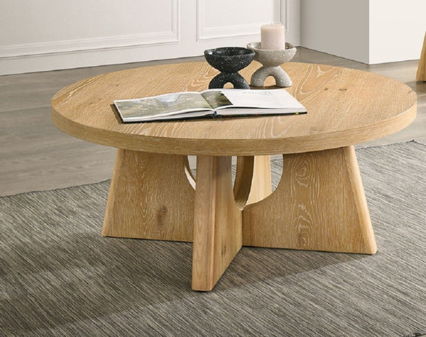 English Elm Modern Round Pedestal Coffee Table with Cross Base Sculptural Design for Living Room Oak B2741P558688