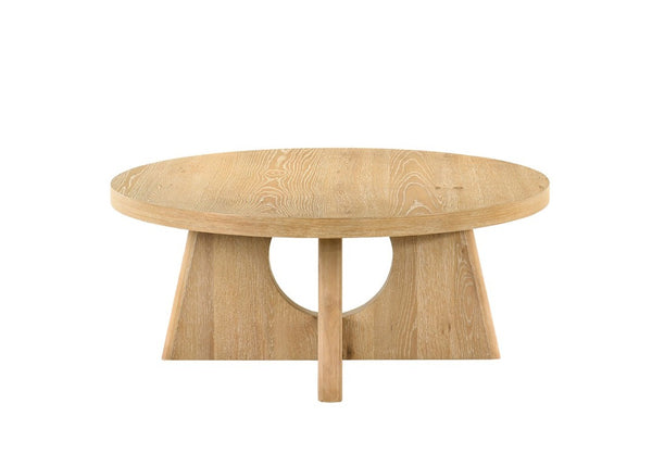 English Elm Modern Round Pedestal Coffee Table with Cross Base Sculptural Design for Living Room Oak B2741P558688