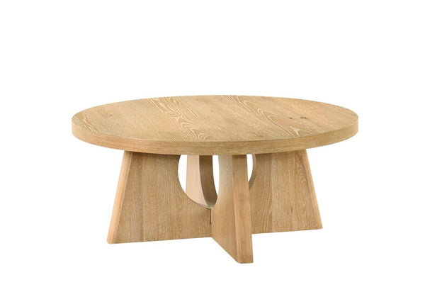 English Elm Modern Round Pedestal Coffee Table with Cross Base Sculptural Design for Living Room Oak B2741P558688