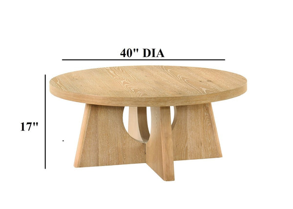 English Elm Modern Round Pedestal Coffee Table with Cross Base Sculptural Design for Living Room Oak B2741P558688