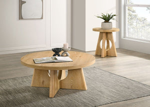 English Elm Modern Round Pedestal Coffee Table with Cross Base Sculptural Design for Living Room Oak B2741P558688