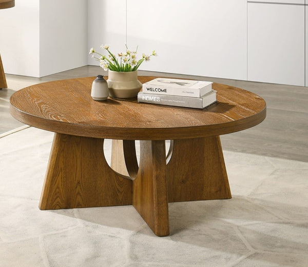 English Elm Modern Round Pedestal Coffee Table with Cross Base Sculptural Design for Living Room Walnut B2741P558689
