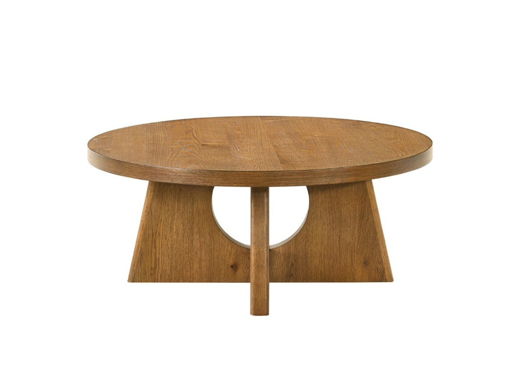 English Elm Modern Round Pedestal Coffee Table with Cross Base Sculptural Design for Living Room Walnut B2741P558689