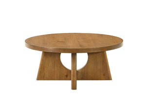 English Elm Modern Round Pedestal Coffee Table with Cross Base Sculptural Design for Living Room Walnut B2741P558689