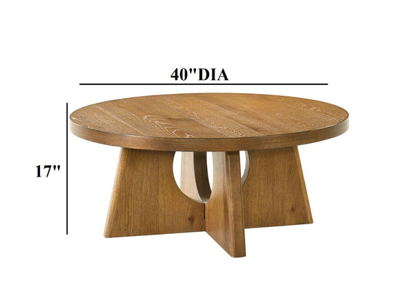 English Elm Modern Round Pedestal Coffee Table with Cross Base Sculptural Design for Living Room Walnut B2741P558689