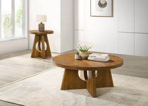 English Elm Modern Round Pedestal Coffee Table with Cross Base Sculptural Design for Living Room Walnut B2741P558689