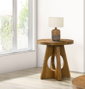 English Elm 1Pc Round End Table Sculptural Pedestal Base Cutout Detail Rubberwood Living Room Walnut B2741P558690