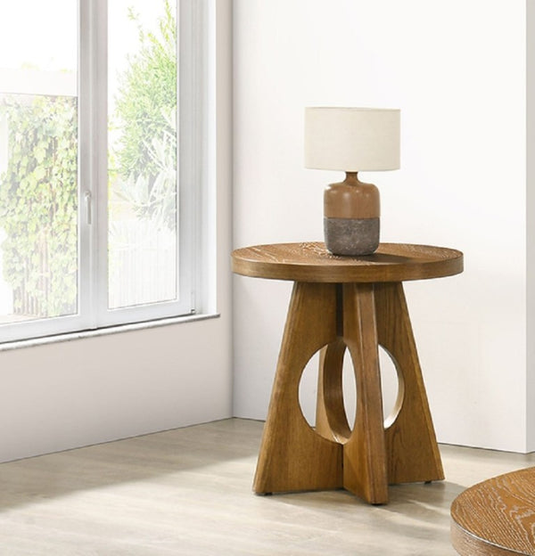 English Elm 1Pc Round End Table Sculptural Pedestal Base Cutout Detail Rubberwood Living Room Walnut B2741P558690