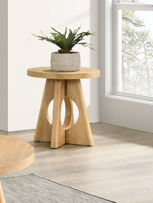 English Elm 1Pc Round End Table Sculptural Pedestal Base Cutout Detail Rubberwood Living Room Oak B2741P558691