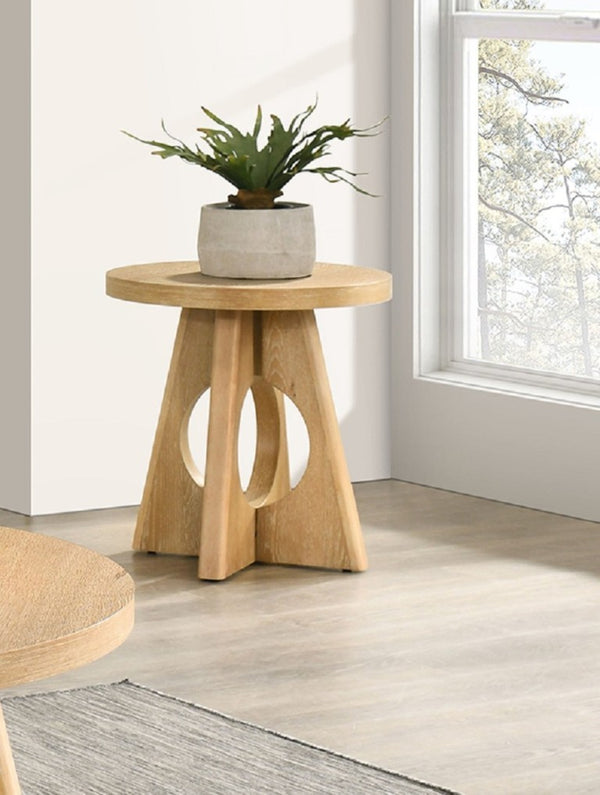 English Elm 1Pc Round End Table Sculptural Pedestal Base Cutout Detail Rubberwood Living Room Oak B2741P558691