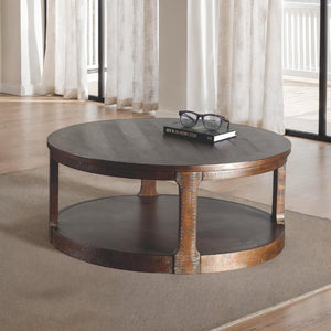 English Elm Transitional Round Coffee Table with Caster Wheels Open Shelf Pinewood Living Room Espresso B2741P559632