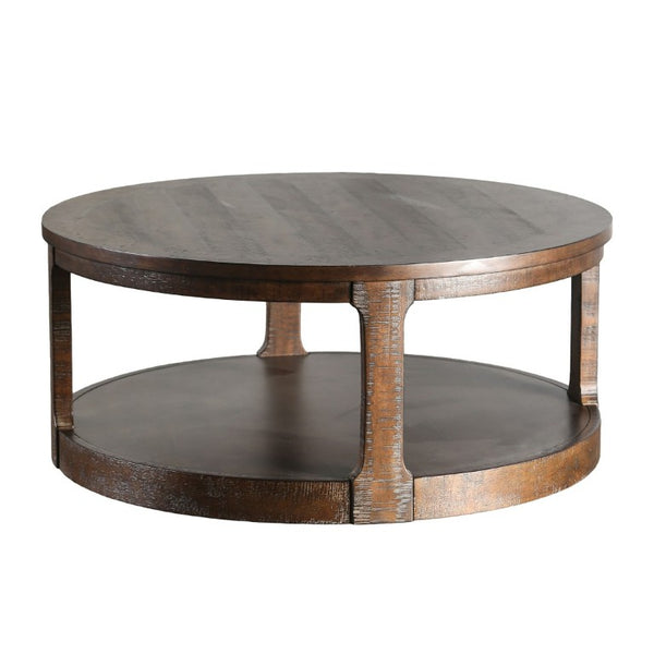 English Elm Transitional Round Coffee Table with Caster Wheels Open Shelf Pinewood Living Room Espresso B2741P559632