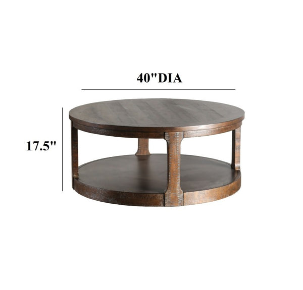 English Elm Transitional Round Coffee Table with Caster Wheels Open Shelf Pinewood Living Room Espresso B2741P559632