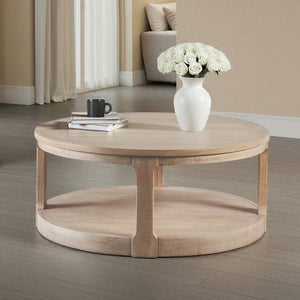 English Elm Transitional Round Coffee Table with Caster Wheels Open Shelf Pinewood Living Room Natural B2741P559904