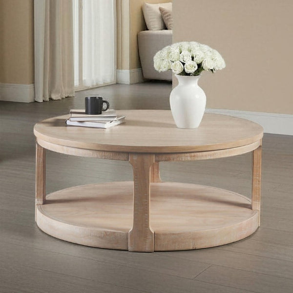 English Elm Transitional Round Coffee Table with Caster Wheels Open Shelf Pinewood Living Room Natural B2741P559904