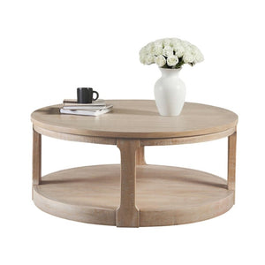 English Elm Transitional Round Coffee Table with Caster Wheels Open Shelf Pinewood Living Room Natural B2741P559904