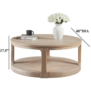 English Elm Transitional Round Coffee Table with Caster Wheels Open Shelf Pinewood Living Room Natural B2741P559904