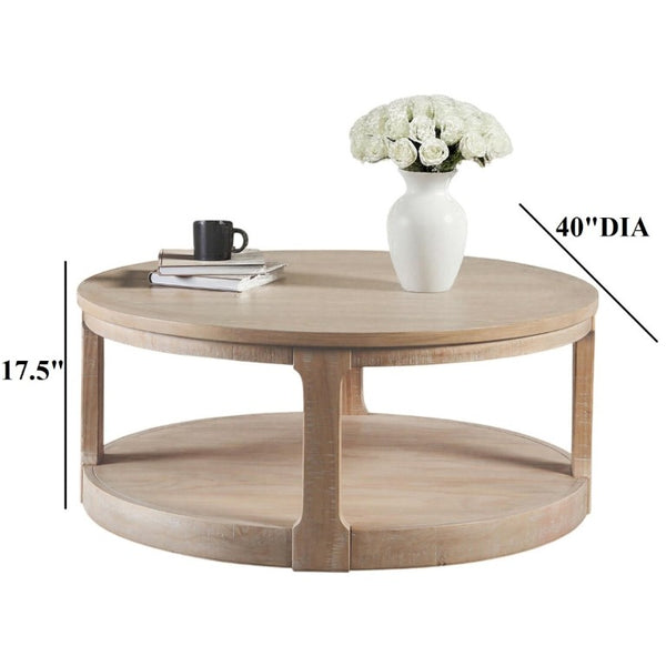 English Elm Transitional Round Coffee Table with Caster Wheels Open Shelf Pinewood Living Room Natural B2741P559904