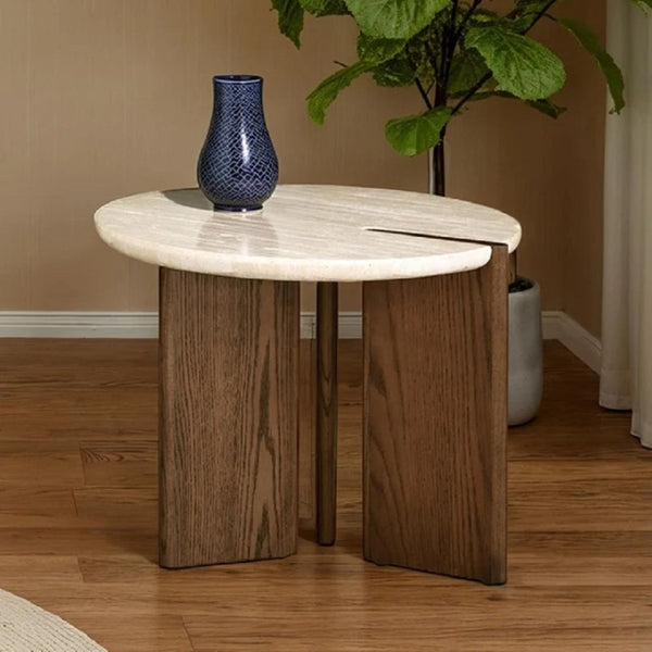 English Elm 1Pc Round Travertine Top End Table Three Leg Oak Base Contemporary Living Room Accent B2741P561007