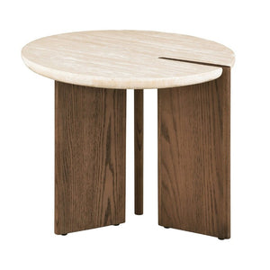 English Elm 1Pc Round Travertine Top End Table Three Leg Oak Base Contemporary Living Room Accent B2741P561007