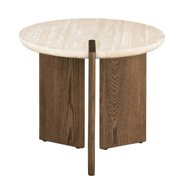 English Elm 1Pc Round Travertine Top End Table Three Leg Oak Base Contemporary Living Room Accent B2741P561007