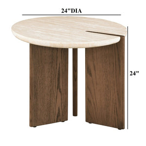 English Elm 1Pc Round Travertine Top End Table Three Leg Oak Base Contemporary Living Room Accent B2741P561007