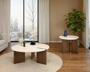 English Elm 1Pc Round Travertine Top End Table Three Leg Oak Base Contemporary Living Room Accent B2741P561007