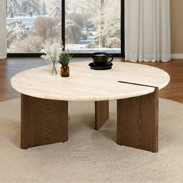 English Elm 1Pc Round Travertine Top Coffee Table Sculptural Oak Three Leg Base Living Room B2741P561009