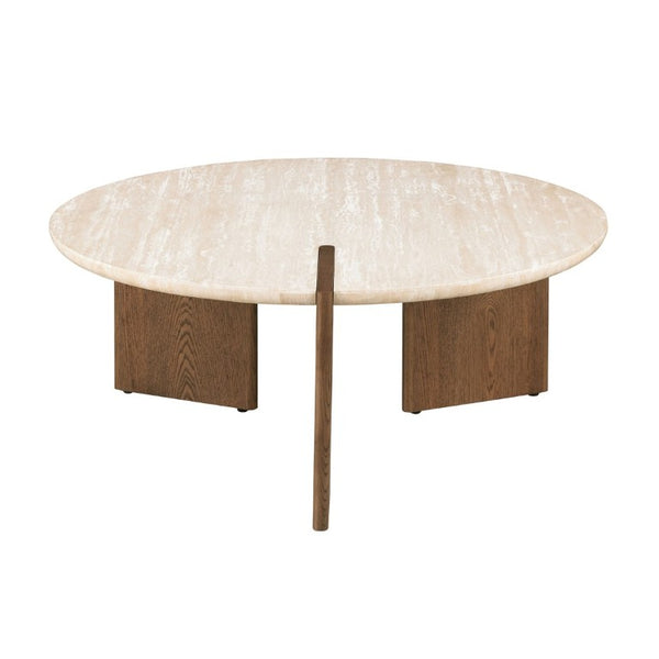 English Elm 1Pc Round Travertine Top Coffee Table Sculptural Oak Three Leg Base Living Room B2741P561009