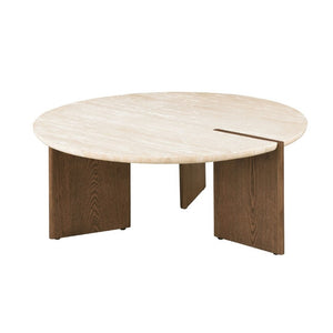 English Elm 1Pc Round Travertine Top Coffee Table Sculptural Oak Three Leg Base Living Room B2741P561009
