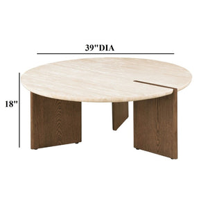 English Elm 1Pc Round Travertine Top Coffee Table Sculptural Oak Three Leg Base Living Room B2741P561009