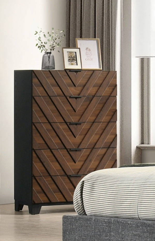 English Elm Rich Wood Chevron Five Drawer Tall Chest Contemporary Bedroom Storage Furniture B2741P561024