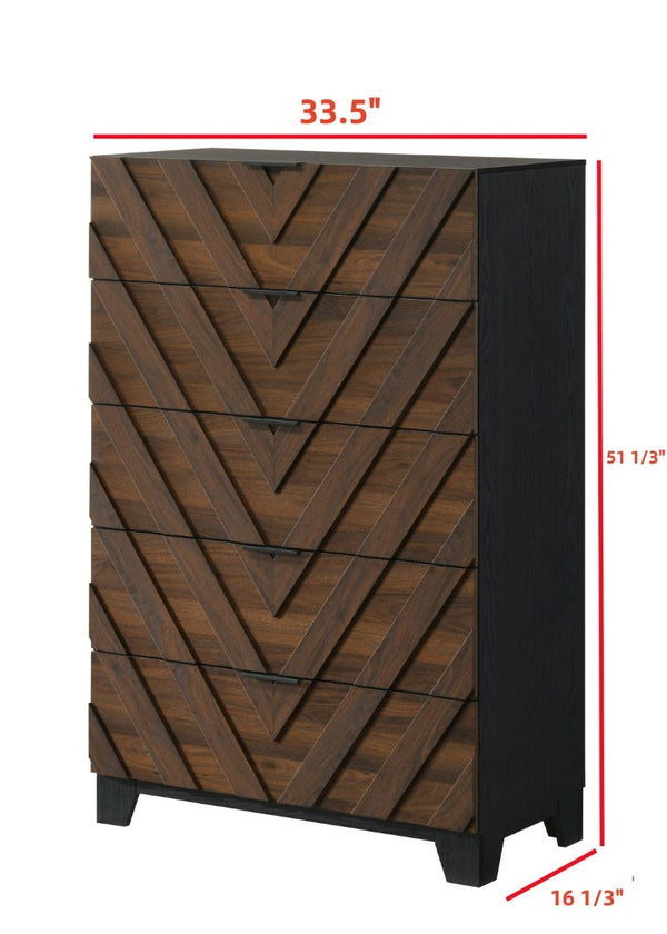 English Elm Rich Wood Chevron Five Drawer Tall Chest Contemporary Bedroom Storage Furniture B2741P561024