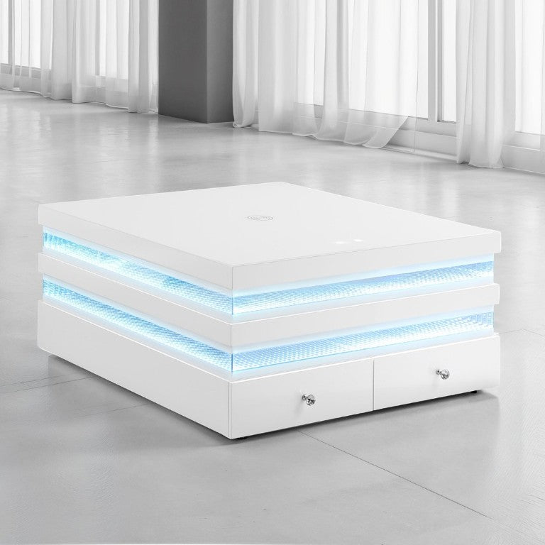 English Elm Contemporary Glass Top Coffee Table with LED Lighting Wireless Charging White Finish B2741P562393