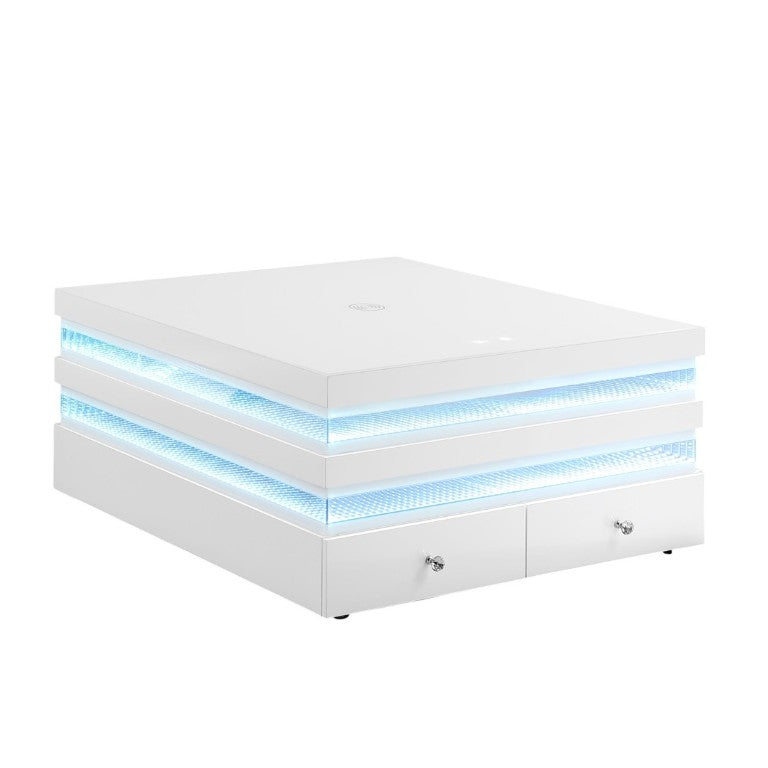 English Elm Contemporary Glass Top Coffee Table with LED Lighting Wireless Charging White Finish B2741P562393