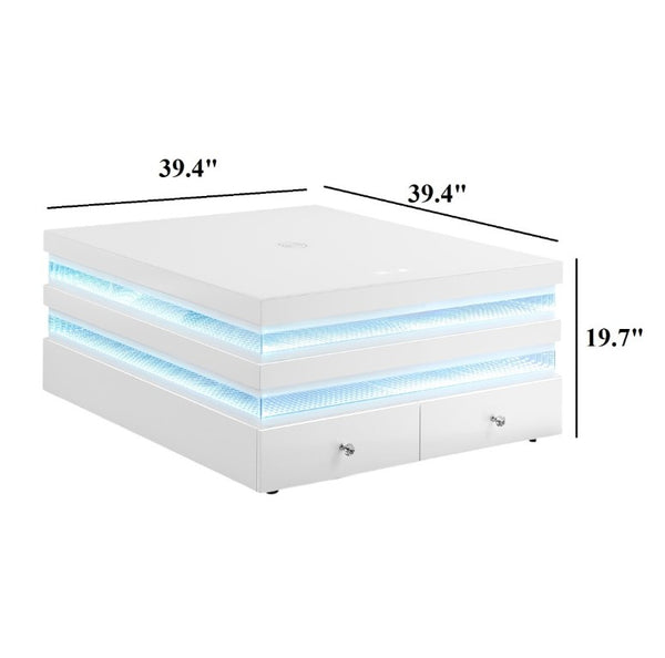 English Elm Contemporary Glass Top Coffee Table with LED Lighting Wireless Charging White Finish B2741P562393