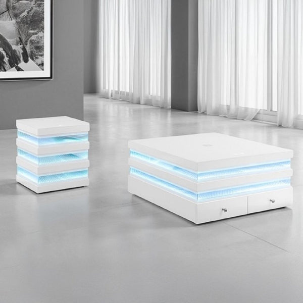 English Elm Contemporary Glass Top Coffee Table with LED Lighting Wireless Charging White Finish B2741P562393