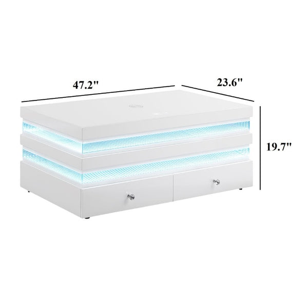 English Elm Contemporary White Glass Top Coffee Table with LED Lighting and Wireless Charging Hub B2741P562395
