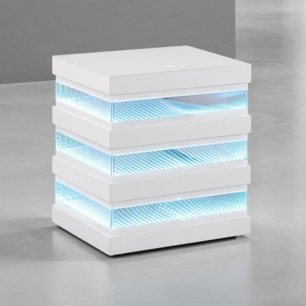 English Elm Led Light End Table with Bluetooth Speaker Wireless Charging and Glass Top in White B2741P562402