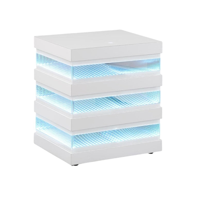 English Elm Led Light End Table with Bluetooth Speaker Wireless Charging and Glass Top in White B2741P562402