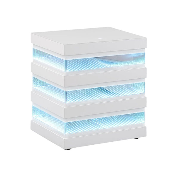 English Elm Led Light End Table with Bluetooth Speaker Wireless Charging and Glass Top in White B2741P562402